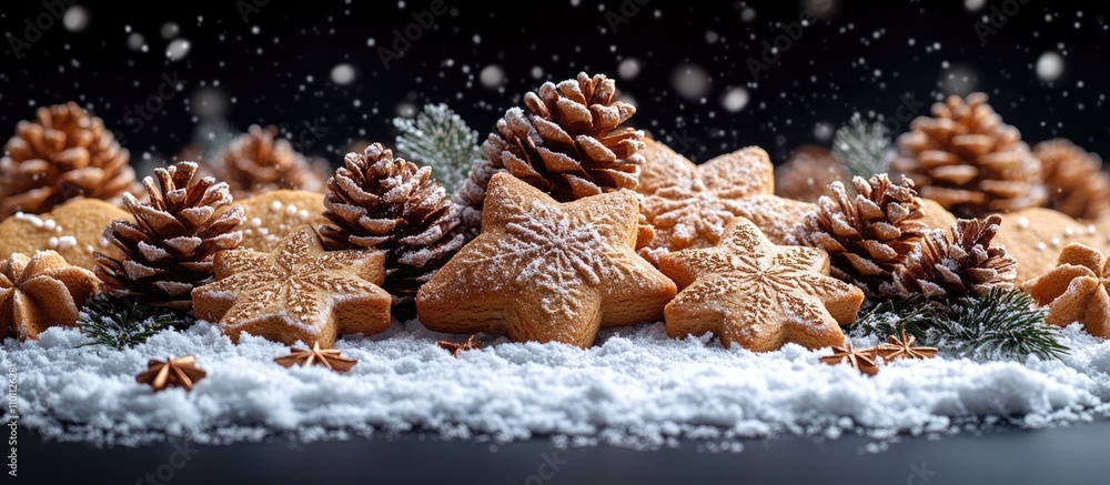 Poster festive christmas cookies and pinecone decorations in snow against a black backdrop with space for p