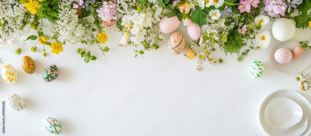 Poster easter table arrangement with colorful flowers and decorated eggs top view space for custom text