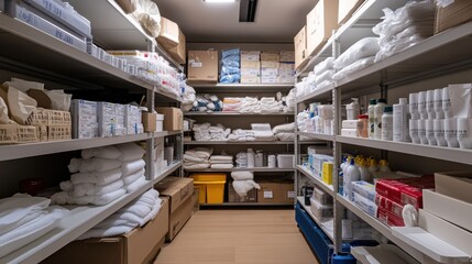 Neatly arranged shelves display various supplies, including linens, toiletries, and medical items in a well-lit storage room