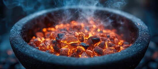 Glowing hot coals in a hookah bowl surrounded by aromatic smoke creating a vibrant and inviting atmosphere for relaxation.