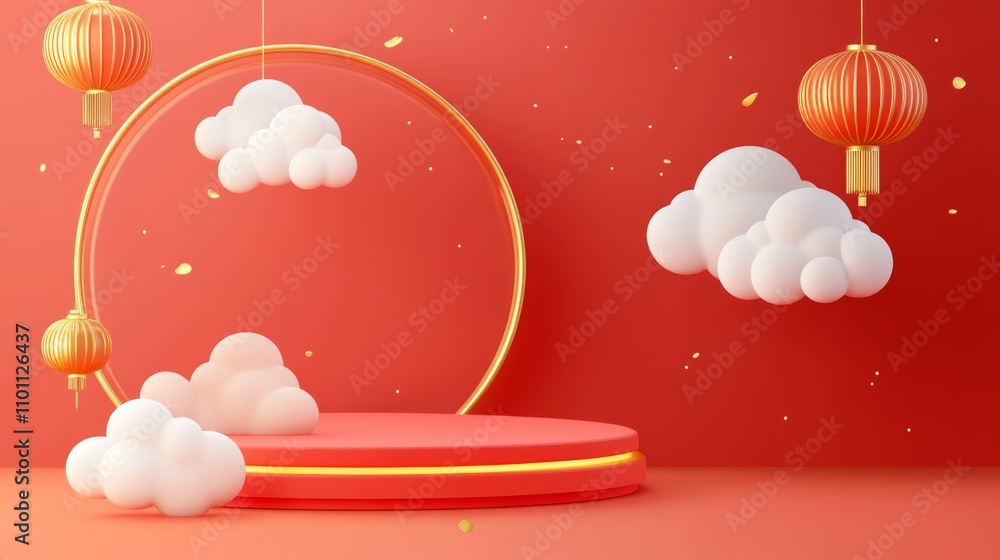 Poster bright red background with clouds and lanterns for festive theme
