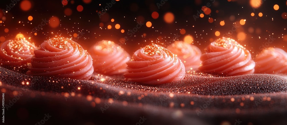 Poster caramel candies with sparkling decoration on a dark background empty space for text celebrating swee