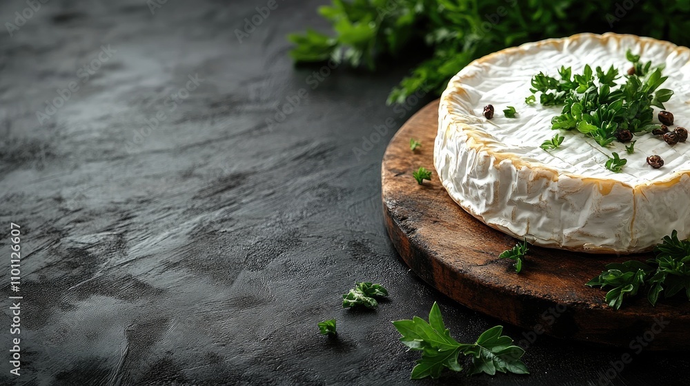 Poster camembert cheese adorned with fresh parsley on a rustic wooden board with a dark textured background