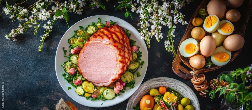 Poster easter feast featuring boiled ham eggs fresh vegetables and spring flowers on a rustic table setting