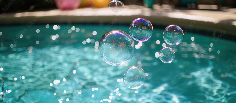 Poster Bubbles Floating in a Sunlit Pool Creating a Serene and Playful Atmosphere for Summer Relaxation and Fun Activities