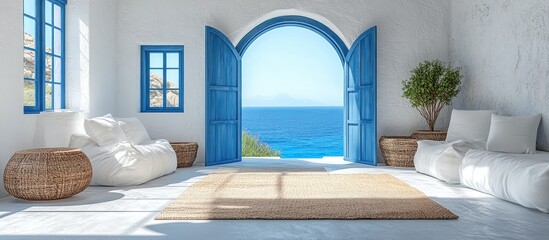 Serene Cycladic interior with open blue doors showcasing ocean view and airy white decor evoking tranquility and coastal charm