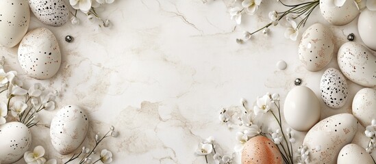 Fototapeta premium Easter eggs and floral decorations arranged on a marble background with space for text celebrating spring festivities and holiday traditions.