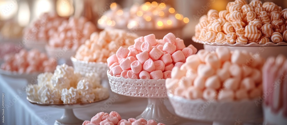 Poster elegant candy buffet display with assorted pink marshmallows and candy arranged on white decorative 