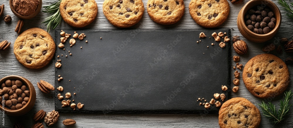 Poster Chalkboard with cookies nuts and chocolate on a rustic wooden tabletop creating a cozy dessert display for a bakery or cafe setting