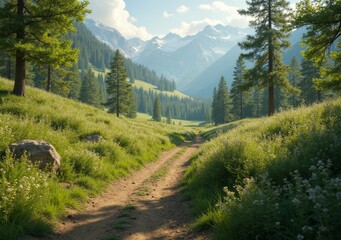 Fototapeta premium Beautiful mountain landscape with dirt road and lush greenery at midday