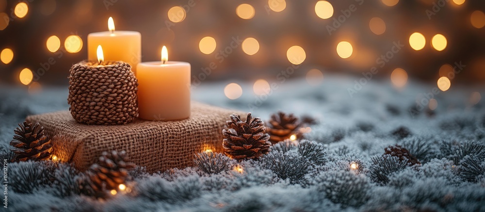 Poster cozy christmas scene with candles pine cones and soft bokeh lights creating a festive and warm holid