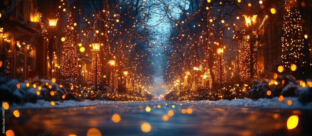 Poster bokeh effect of warm christmas lights illuminating a frosty street in winter twilight creating a mag