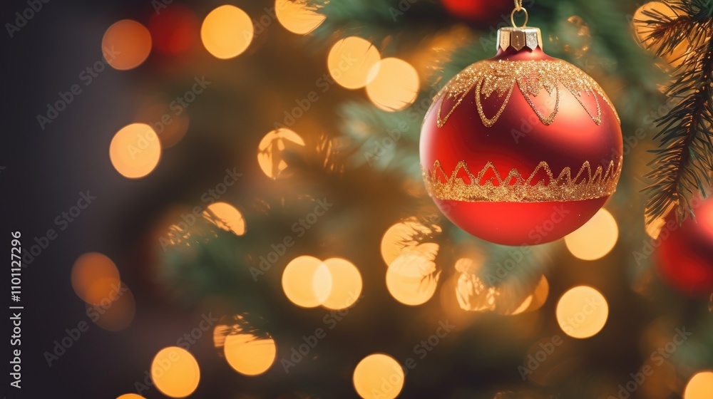 Poster christmas ornament hanging on a tree with blurred bokeh lights creating a festive and cheerful holid