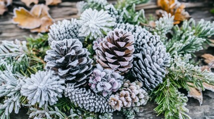 Frosted Pine Cones and Greenery on Rustic Wooden Surface