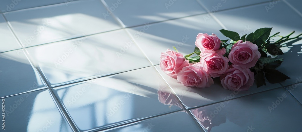 Poster soft pink roses elegantly arranged on glossy ceramic tiles, capturing natural light and creating a s