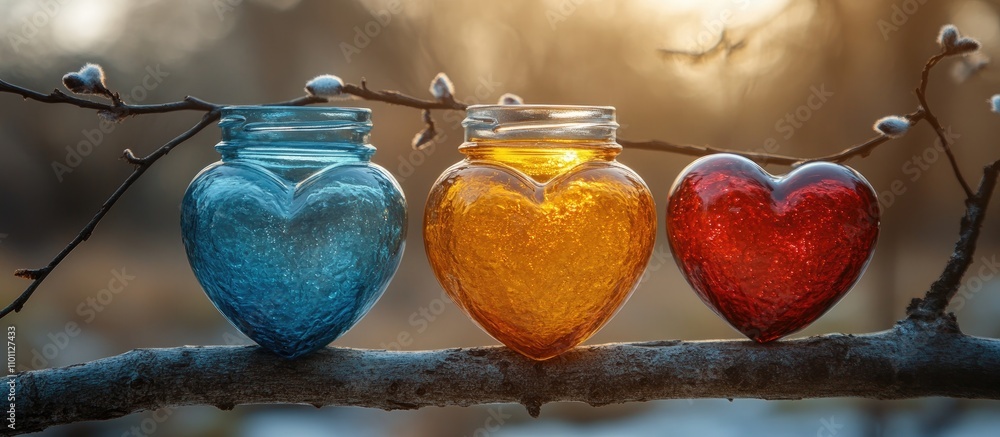Poster colorful glass heart jars displayed on a tree branch with a rustic background for celebrations and r