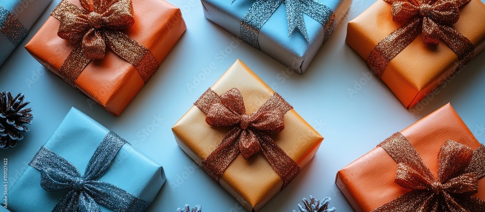 Poster brightly wrapped multicolored gift boxes in various sizes arranged on a white background ideal for h