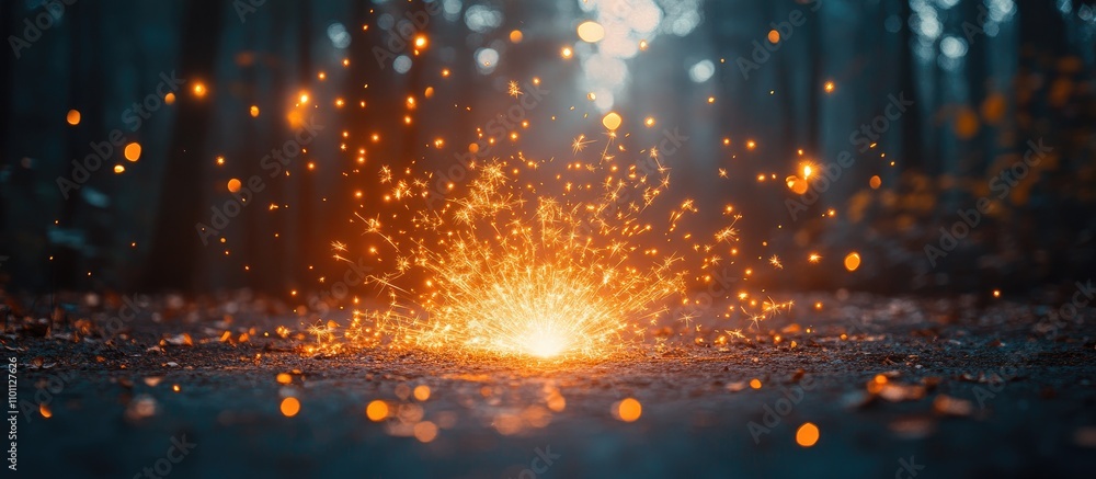Poster glowing firework sparkler creating vibrant sparks in a dark forest setting with blurred background l