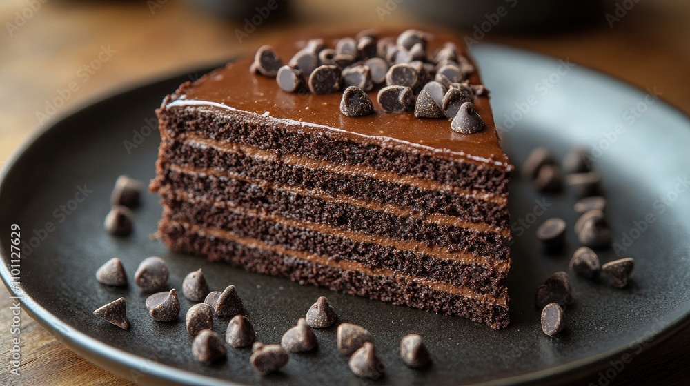 Poster delicious chocolate cake slice layered with rich frosting and topped with granulated chocolate chips