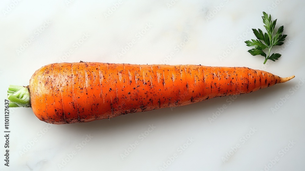 Poster fresh organic carrot with vibrant color placed on a clean white background alongside a sprig of pars