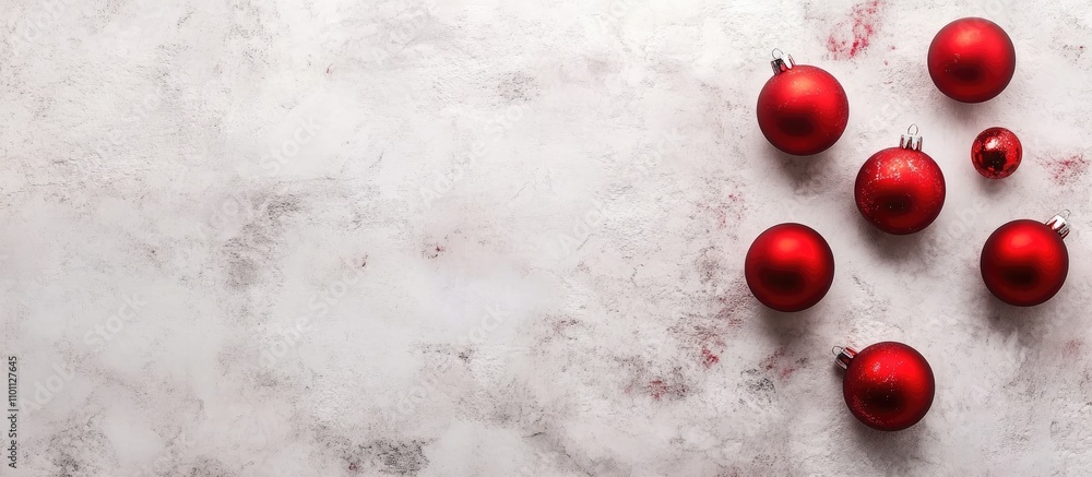 Poster red christmas ornaments arranged on a textured white surface with ample negative space ideal for sea