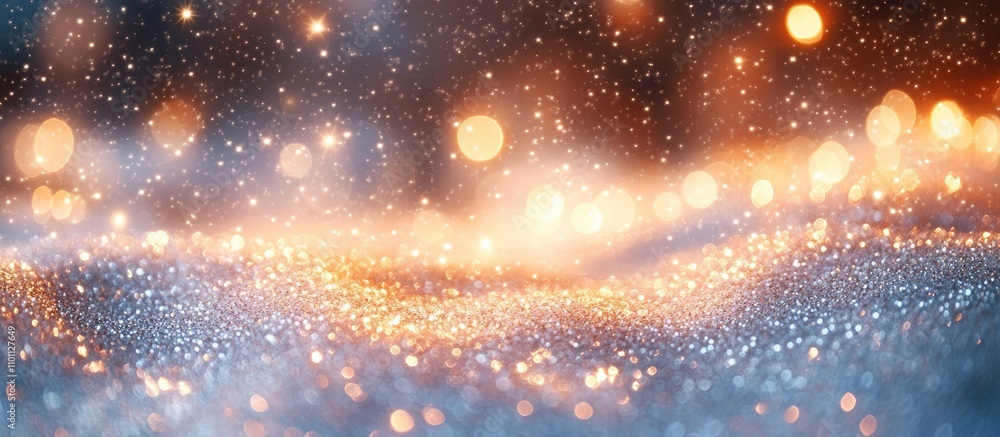 Poster Magical bokeh lights and shimmering glitter create a festive abstract background with twinkling stars and soft falling snowflakes.