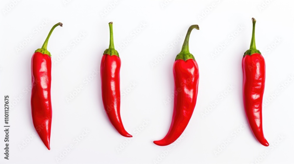 Poster fresh red chili peppers arranged on a clean white background showcasing vibrant color and smooth tex