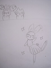Pencil sketch of dancing bunny in dress, surrounded by whimsical elements and playful audience,...