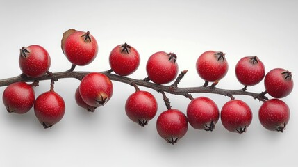 Hawthorn branch with vibrant red berries displayed on a soft white background showcasing natural beauty and seasonal charm