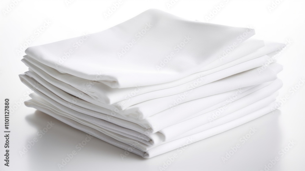 Poster Stack of pristine white fabric napkins elegantly arranged against a minimalistic white background for a clean and sophisticated presentation.