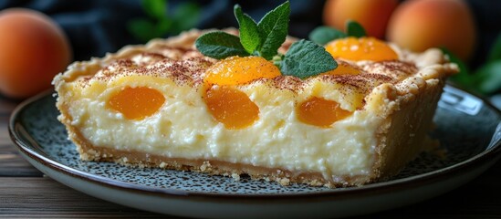 Delicious cheesecake pie with apricot filling garnished with fresh mint leaves and surrounded by ripe apricots on a rustic table setting