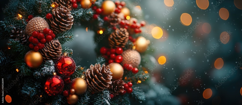 Poster handcrafted christmas wreath featuring pine cones and ornaments set against a dark background with b