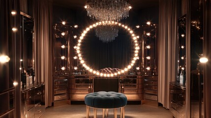 Obraz premium A glamorous dressing room with a large round makeup mirror surrounded by lights