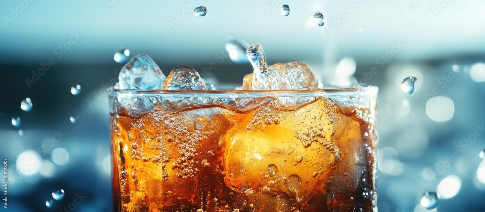 Poster refreshing carbonated drink splashing in a glass with ice cubes against a cool blue background