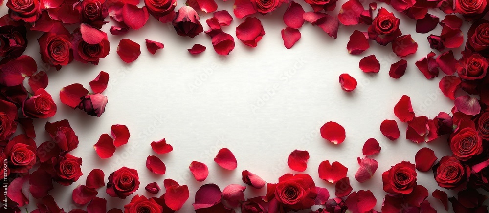 Aufkleber red roses and rose petals arranged on a white background creating an elegant frame with ample copy s
