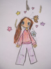 Child's colorful drawing depicting a cute anime style girl with horns, surrounded by butterflies, flowers, hearts, and stars, showcasing a whimsical and innocent aesthetic