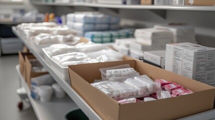 Various medical supplies are arranged in boxes and on shelves in a clean pharmaceutical storage area, ensuring easy access and organization