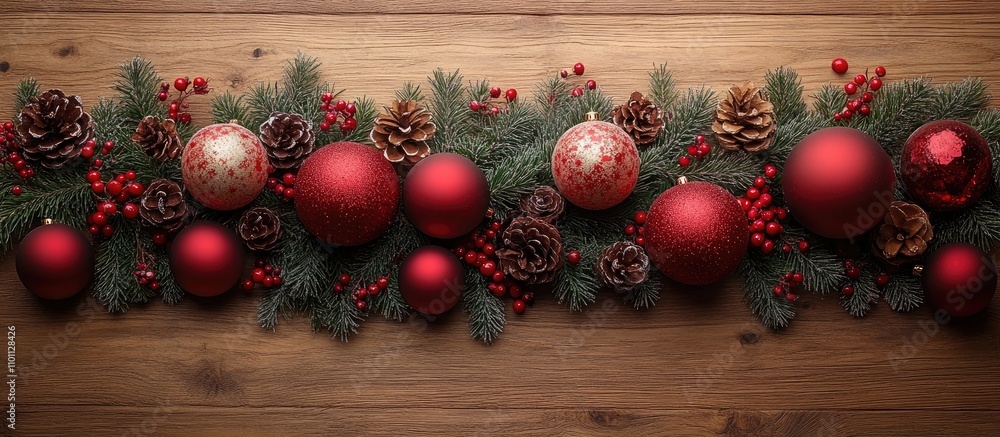 Poster festive arrangement of red christmas ornaments and pine cones on a wooden background creating a warm