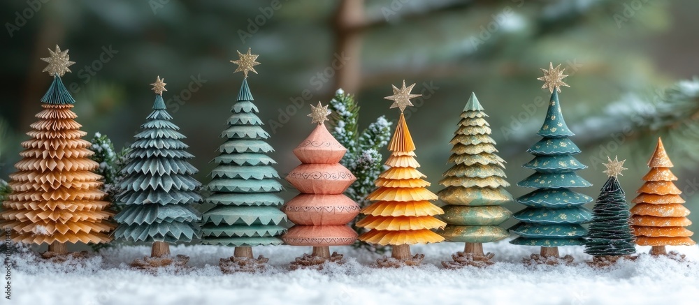 Aufkleber Decorative Christmas tree ornaments in various colors and styles arranged on snowy background with room for seasonal text space.