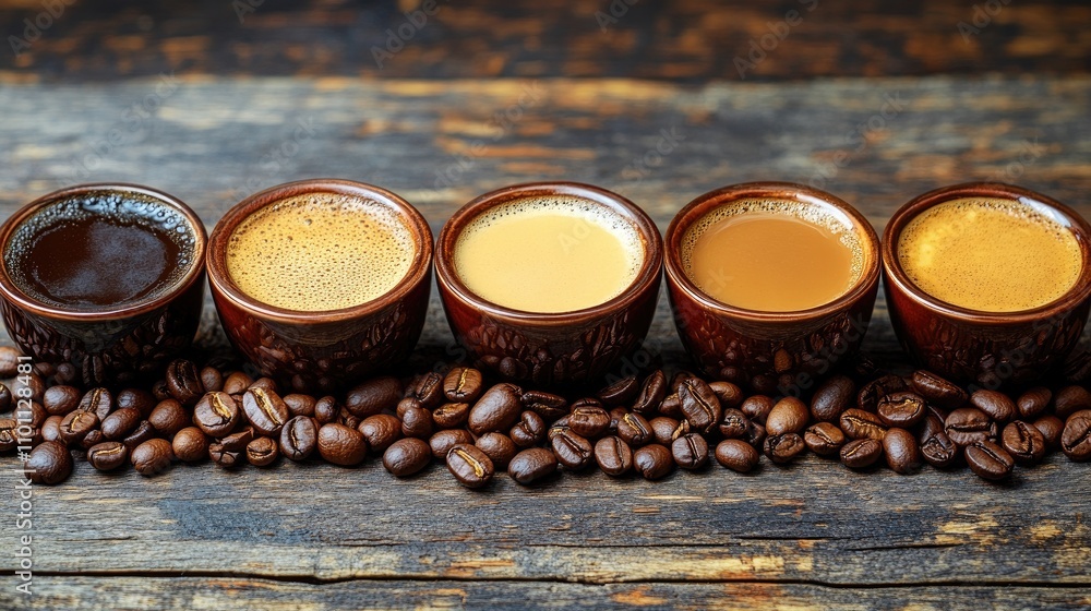 Aufkleber diverse coffee varieties with milk in rustic bowls displayed on a wooden surface surrounded by coffe