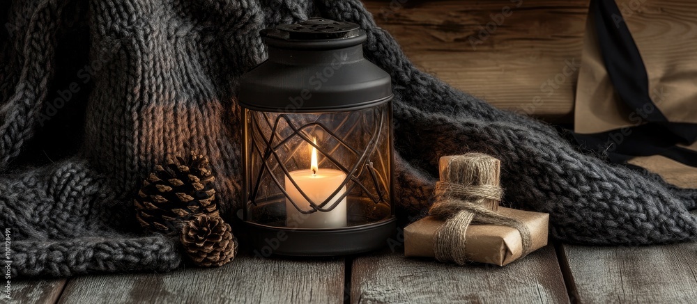 Aufkleber candle lantern with winter attire pinecone and small gift on wooden surface creating a cozy atmosphe