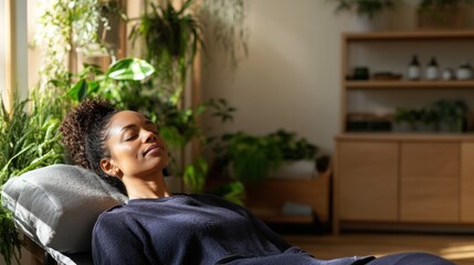 Fototapeta premium A woman peacefully rests in a tranquil indoor setting, surrounded by plants and soft sunlight, embracing a moment of relaxation
