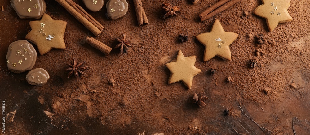 Poster Festive Christmas cookies arrangement with spices and decorative elements on dark background with ample copy space for text