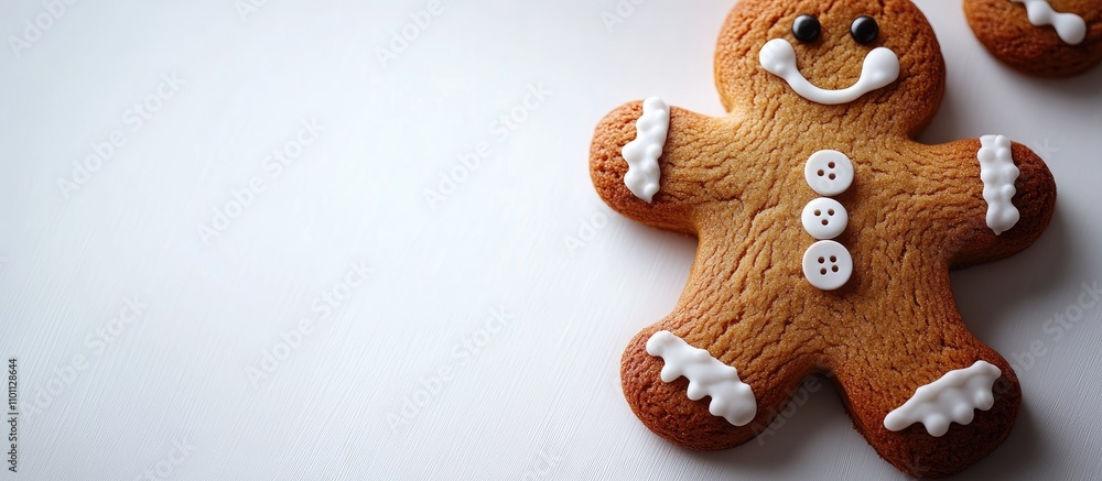 Poster gingerbread man cookie with icing and buttons on a minimalist white background perfect for festive h