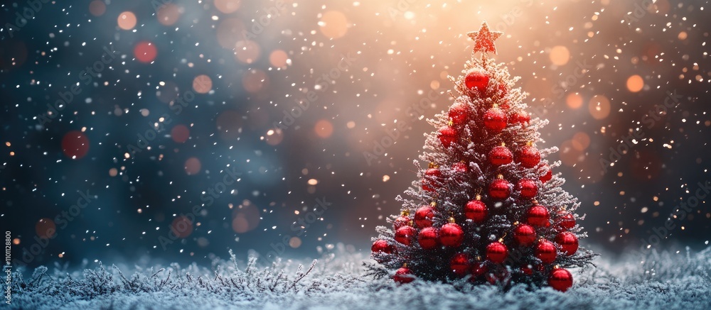 Poster christmas tree decorated with red ornaments and snow against a sparkling winter night background wit