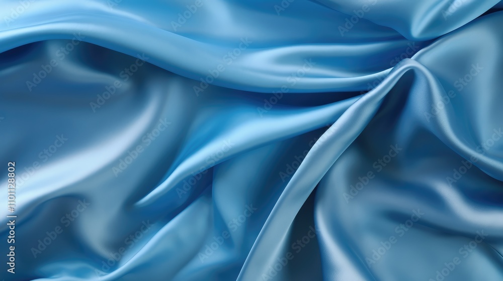 Poster Luxurious blue silk satin fabric texture with elegant folds and smooth sheen for background or textile design.