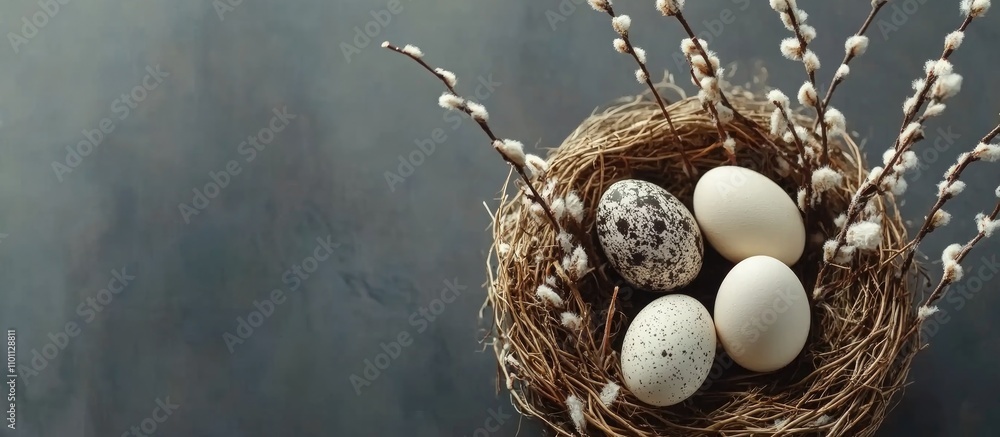 Poster easter nest with decorative eggs and willow branches on a textured background for spring celebration
