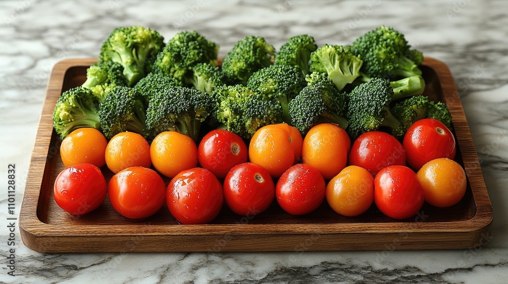 Poster fresh broccoli and tomato salad arranged with vibrant peppers on a rustic wooden board ideal for hea