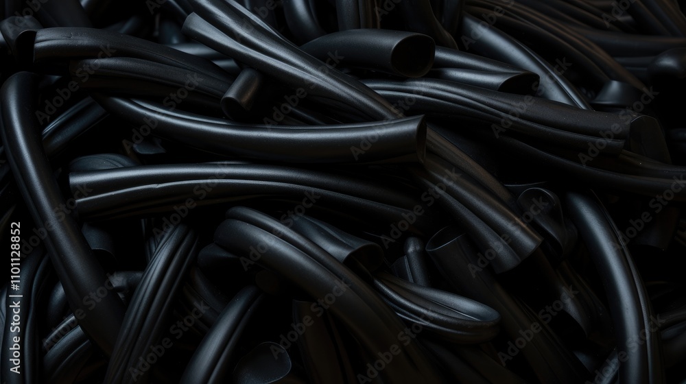 Poster Dark twisted strands of liquorice candy arranged in a random pattern showcasing their glossy texture and rich black color.