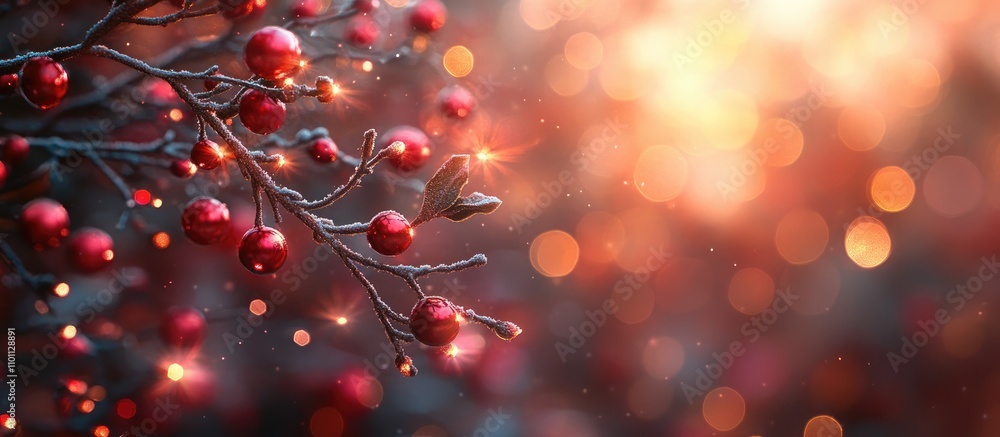 Leinwandbilder festive bokeh background featuring a tree branch decorated with red ornaments and soft glowing light